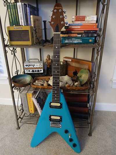 Blue 1980s Harmony Flying V Electric Guitar