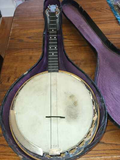 Antique Banjo With Resonator In Case Purple Felt