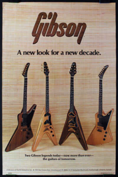 Gibson Flying V II and Explorer II Guitars 1980 Promo Poster New Look New Decade