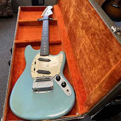 1965 Fender Mustang Vintage Guitar Daphne Blue, Slab Board, 100% Original w /  Case