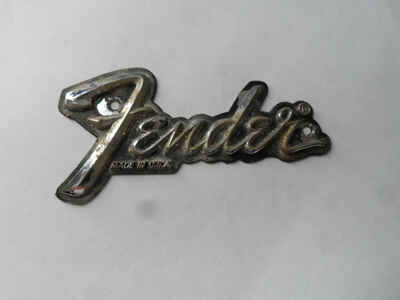 Vintage Chrome Fender Made In USA Amplifier Guitar Case Speaker Logo Badge