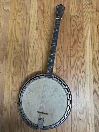 VTG 1930s Antique LUDWIG Dixie Tenor 4 String Banjo Wood Inlay Folk Bluegrass