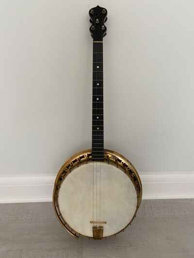 VINTAGE DECORATIVE 4 STRING BANJO BY JOHN GREY & SONS OF LONDON WITH CARRY CASE