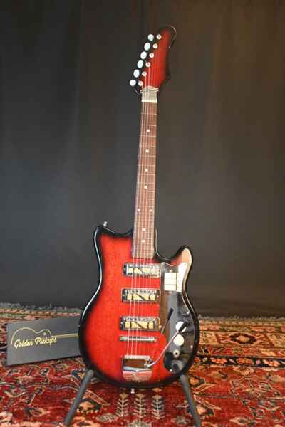 Vintage 1960s Teisco EJ 3 Gold Foil Pickups Electric Guitar Red Sunburst Vibrato