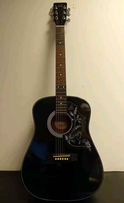 Hondo H124B-HM Vintage 1981 Black 6 String Dreadnought Acoustic Guitar - C1