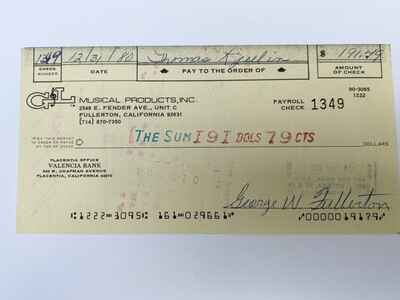 1980 G&L Guitar Payroll Check Signed By George Fullerton