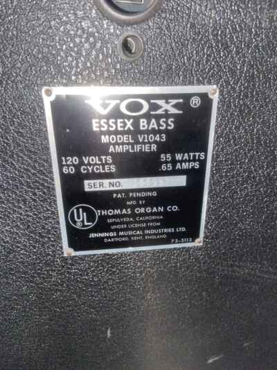 Vox Essex Bass Vintage Speaker 55 watt  .65 Amplifier Model V1053