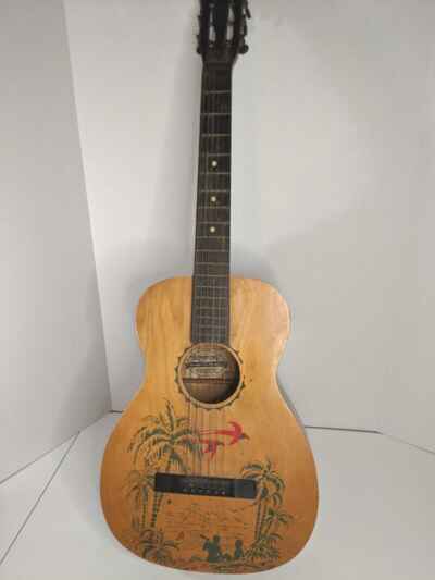 Rare Vintage Supertone Acoustic Guitar HAWAIIAN Tropical Stencil Scene Untested